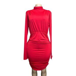 K-122 Women's Size Large Red Long Sleeve High Neck Ruched Bodycon Dress